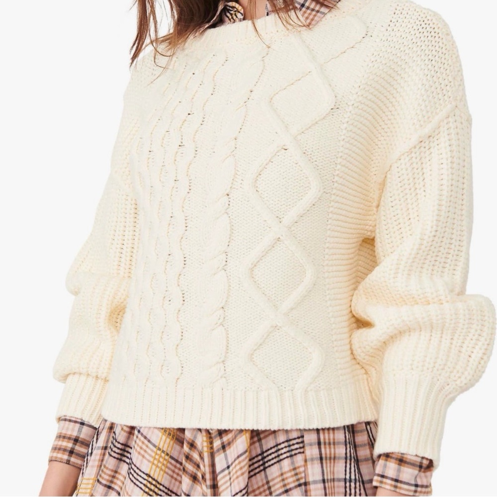 Free People Dream Cable Sweater Cream Chunky Knit Oversized Pullover NWT Size L